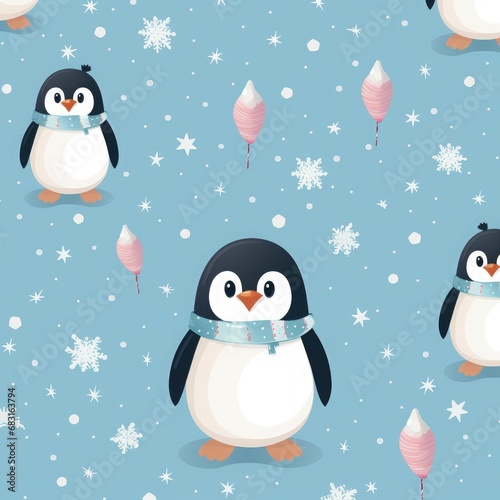 Adorable and pretty penguin pattern with snowflakes on pastel background.