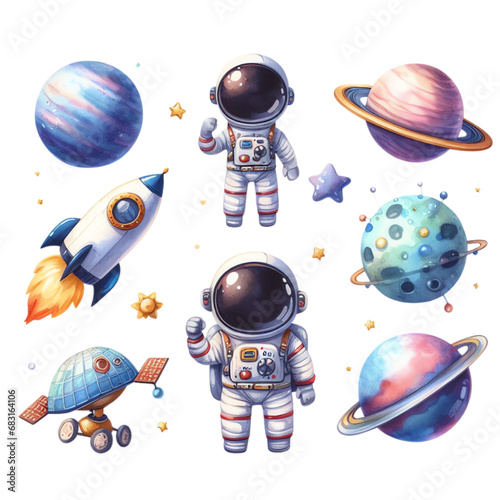 Space watercolor icon set. Astronaut, planet, satellite, rocket, ufo, comet cartoon object isolated on white background photo