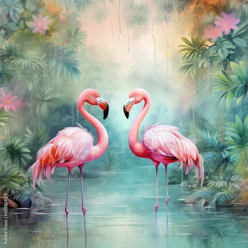 Bright  colorful flamingo pattern on a tropical garden background
