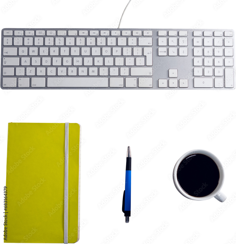 Digital png illustration of keyboard, notebook, pen and coffee on transparent background Digital png illustration of keyboard, notebook, pen and coffee on transparent background