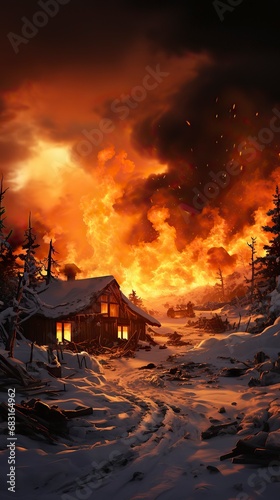 A winter morning in a snow-covered village with people going ,Winter Graphics, Winter Graphics image idea, Illustration