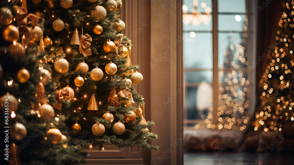 Christmas tree holiday decoration with blur background window gold ornaments and baubles on blurred bokeh fairy light tree Generative AI