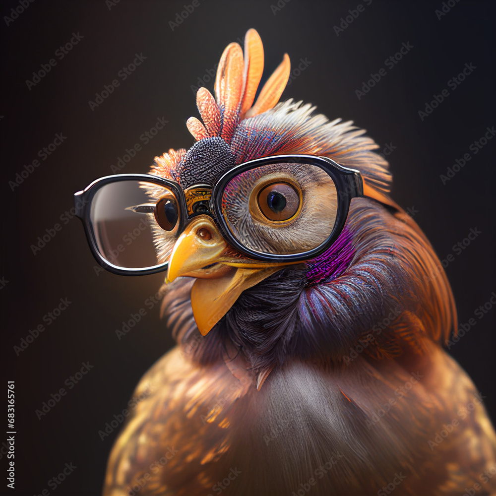 Hen wearing a glasses with black bg