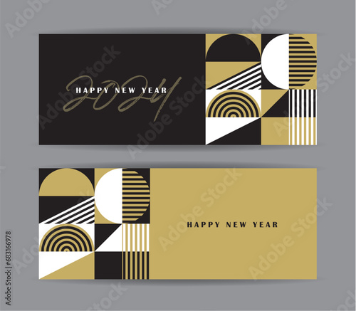 2024 Happy New Year minimal banner set. Decorative modern abstract typographic 2024 for season decoration, calendar, branding, banner, voucher, greeting card, graphic print, etc.