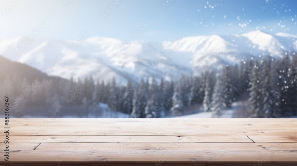 Naklejka premium Empty table in beautiful winter landscape, wood plank board in snow mountain outdoor comeliness