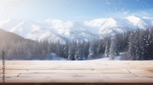 Empty table in beautiful winter landscape, wood plank board in snow mountain outdoor comeliness