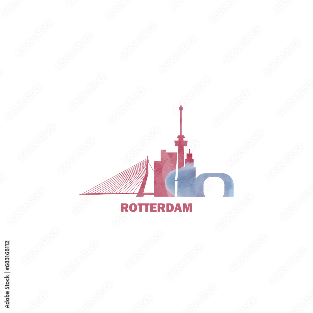 Rotterdam watercolor cityscape skyline city panorama vector flat modern logo, icon. Netherlands, Holland megapolis emblem concept with landmarks and building silhouettes. Isolated graphic