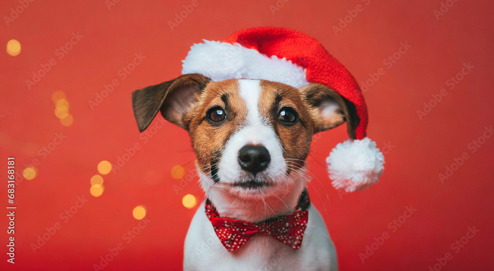 Cheerful Jack Russell Terrier Puppy in Christmas Hats - Creative Animal Concept on Red Isolated Background