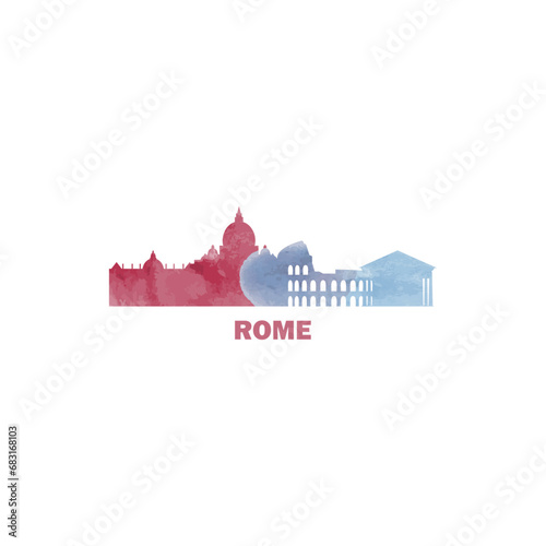 Rome watercolor cityscape skyline city panorama vector flat modern logo, icon. Italy capital, megapolis emblem concept with landmarks and building silhouettes. Isolated graphic