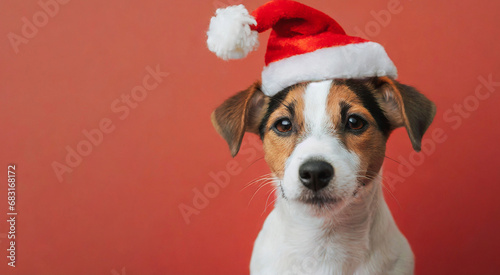 Adorable Terrier Festivity: Creative Christmas Concept - Jack Russell Puppy in Santa Hats on Red © Head