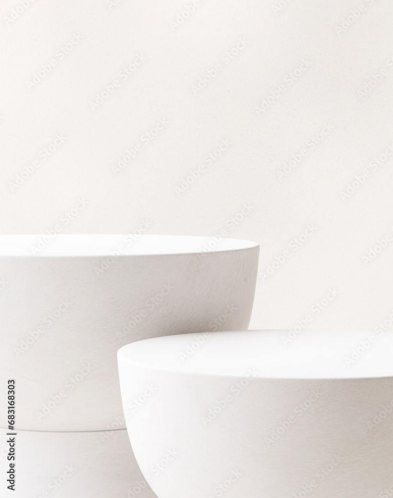 Close up of two modern white side table podium with texture in sunlight on beige white background. Luxury cosmetic, skincare, beauty, body, hair care, treatment, fashion product display background 3D Close up of two modern white side table podium with texture in sunlight on beige white background. Luxury cosmetic, skincare, beauty, body, hair care, treatment, fashion product display background 3D