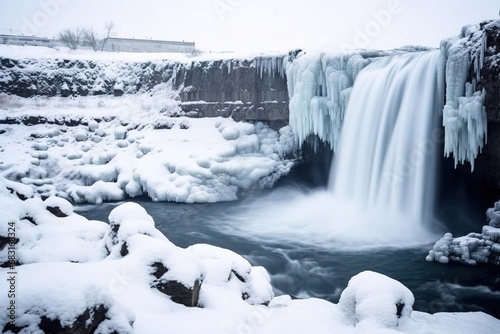 Landscape of frozen waterfall with ice in winter