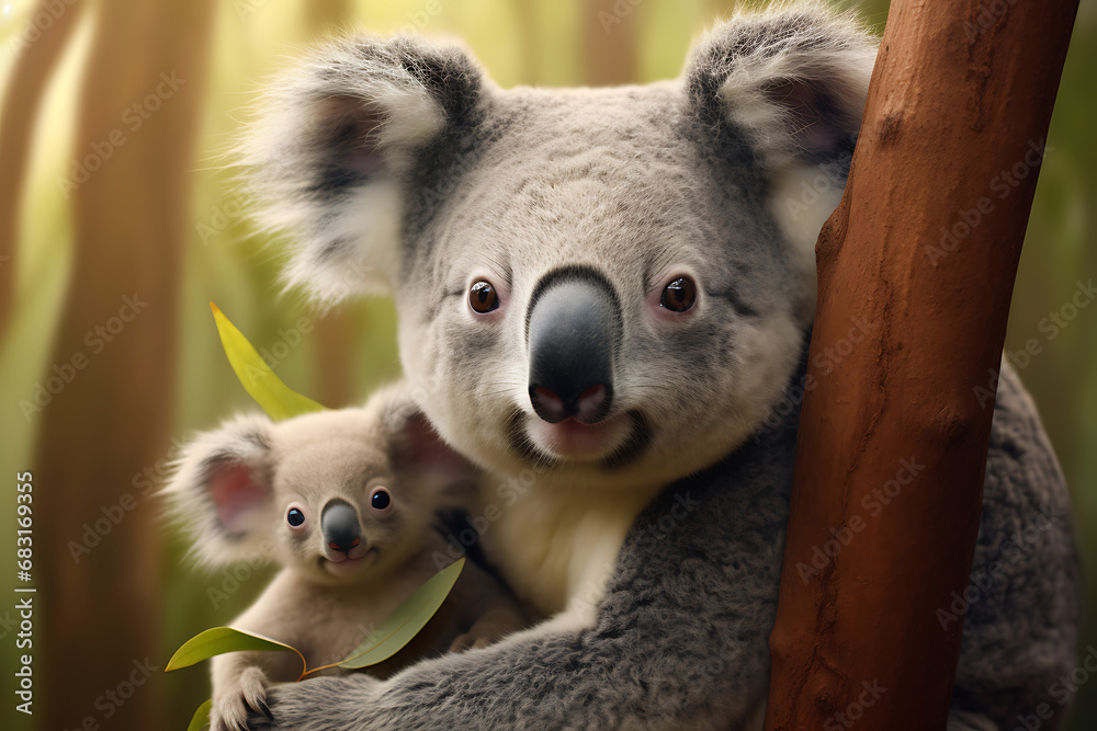 Fototapeta premium animal koala with baby looking at the camera