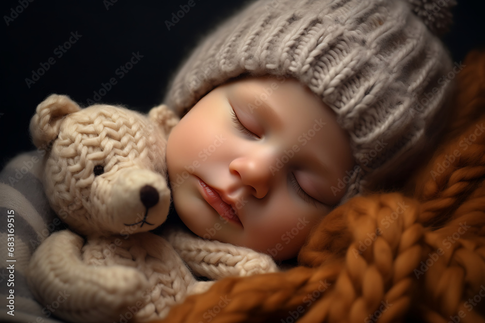 portrait of a baby sleeping with a toy in a knitted hat portrait of a baby sleeping with a toy in a knitted hat