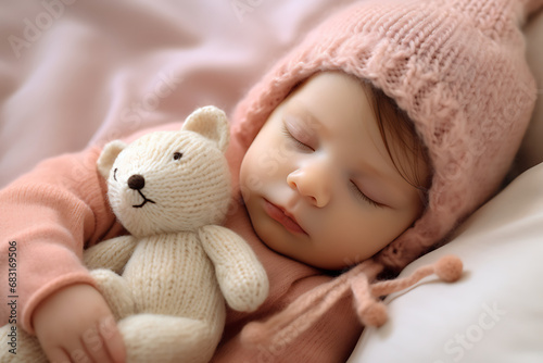 portrait of a baby sleeping with a toy in a knitted hat