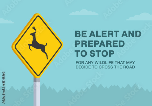 Safe driving tips and traffic regulation rules. Be alert and prepared to stop for any wildlife. Close-up of a deer crossing sign. Flat vector illustration template.