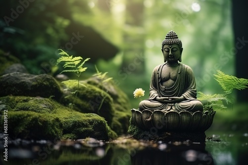 meditating buddha stone statue in green zen environment for yoga and relaxing spa  © Papilouz Studio