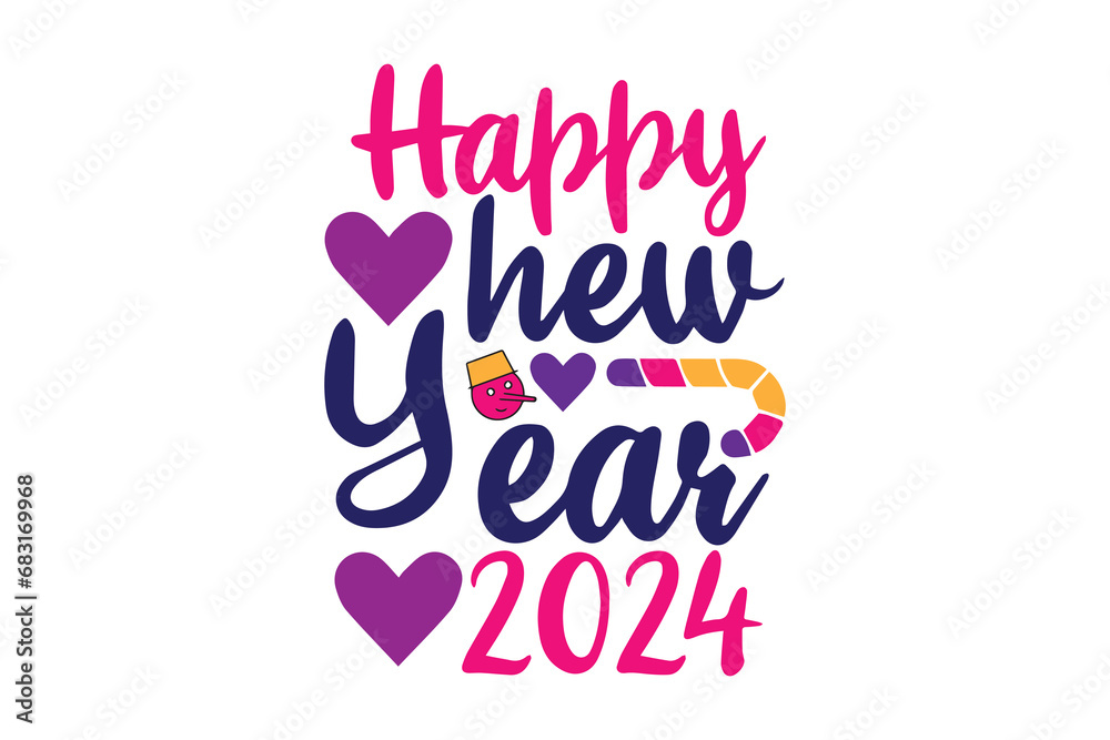 Happy New Year T Shirt Design 2024, Typography vintage  T Shirt Design merry Christmas 2024 greeting badge.