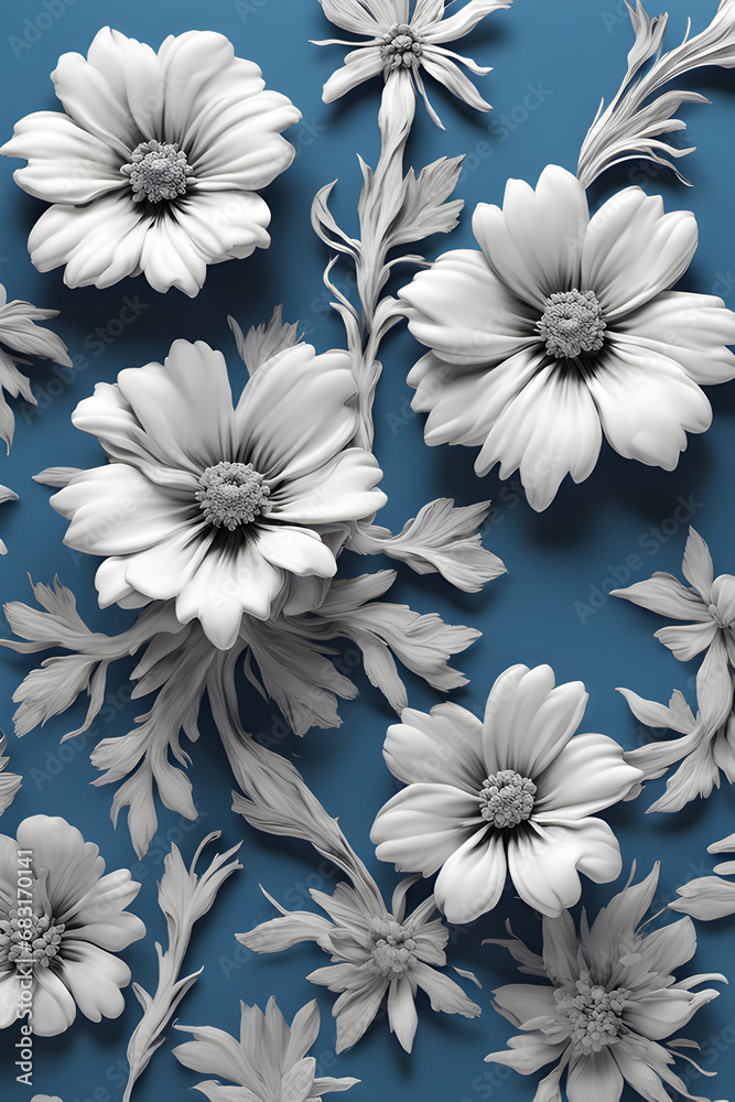 3d white flowers on a blue background, cream texture