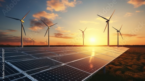 A Solar panels with wind turbines and electricity pylon at sunset.