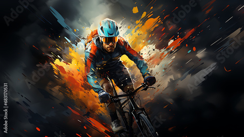 An abstract background, an image of a very fast cyclist in a cycling race. Generative AI © sangmyeong