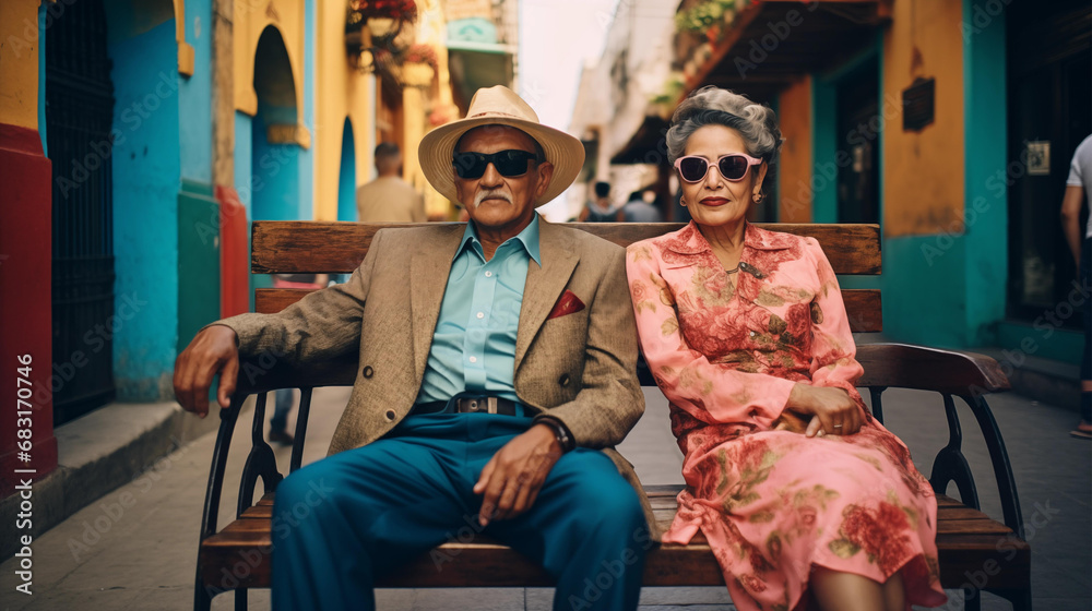 Obraz premium Older stylish Mexican couple on a bench in the historic center of town
