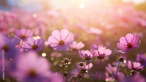 Landscape of pink flower field with sun light bokeh background.