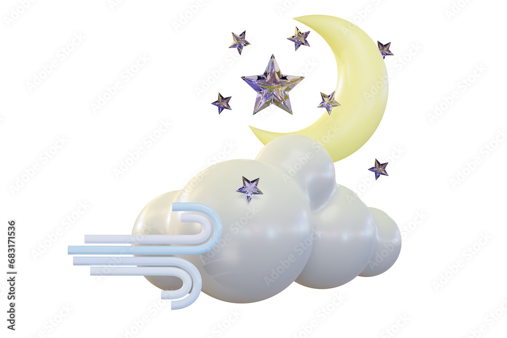 Obraz premium 3d render illustration yellow rescent moon, shining stars windy and clouds concept. Lullaby dreams cartoon cute icon set mockup. Weather forecast sign. Baby decoration design. Sweet dream products.
