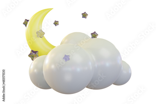 3d render illustration yellow rescent moon, shining stars and clouds concept. Lullaby dreams cartoon cute icon set mockup. Weather forecast sign. Baby decoration design. Sweet dream products. photo