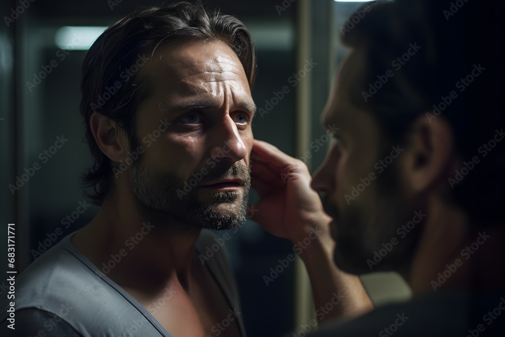 Reflection of Self A Man Contemplates His Image in the Mirror Generative AI Reflection of Self A Man Contemplates His Image in the Mirror Generative AI