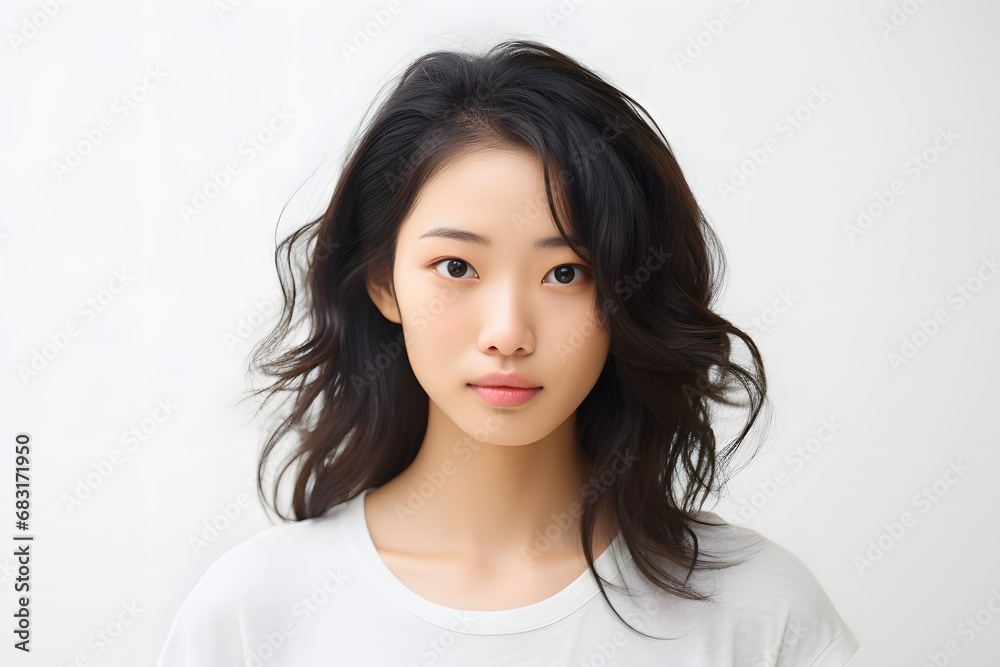 Beautiful young woman with flowing long hair wearing a white shirt and looking off into the distance. Generative AI Beautiful young woman with flowing long hair wearing a white shirt and looking off into the distance. Generative AI