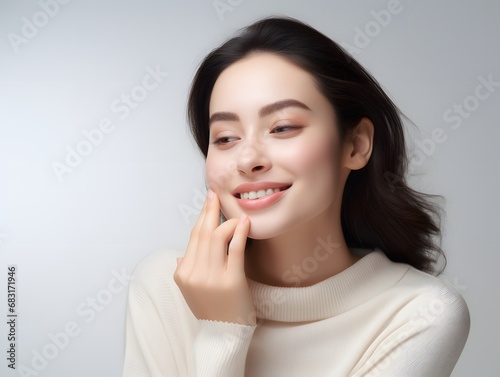 Happy woman holding toothbrush and wearing white sweater while maintaining dental hygiene Generative AI