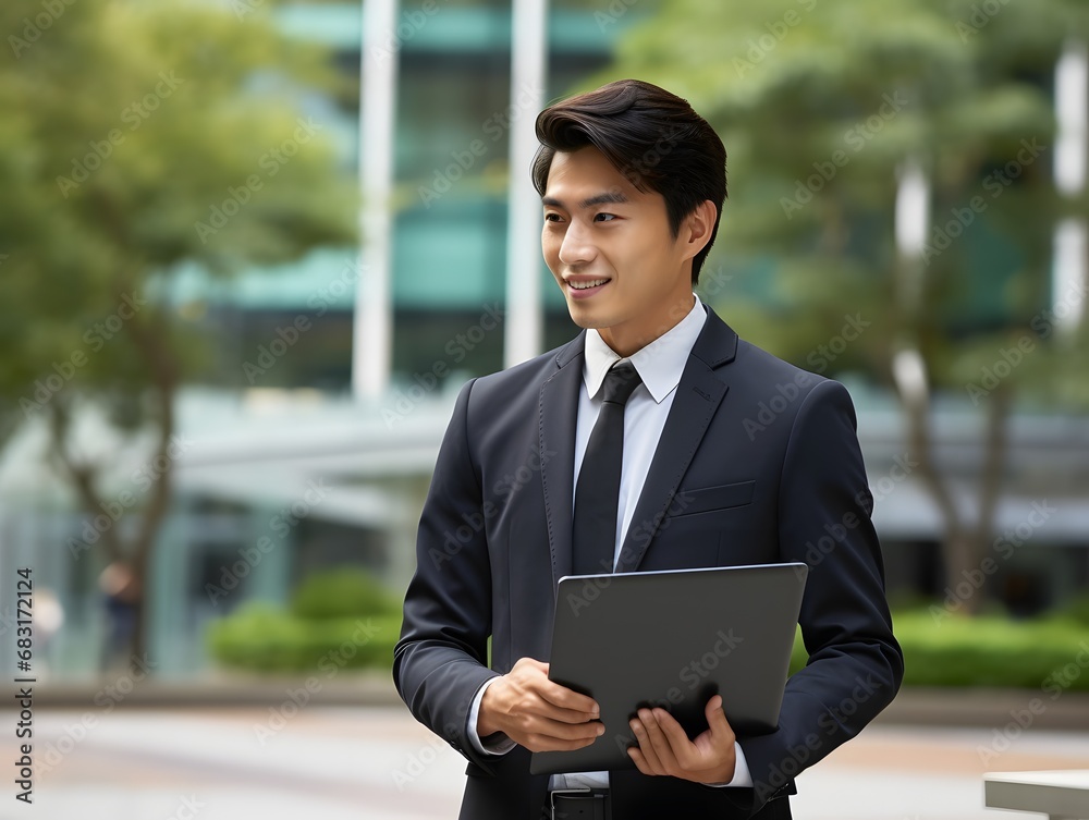 Confident Asian Businessman in Formal Attire Holding a Laptop Computer with a Smile Generative AI