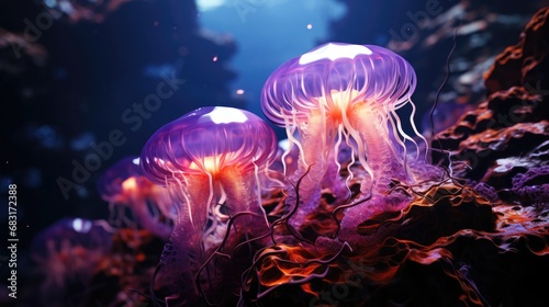 Beautiful glowing purple jellyfish swim underwater among sea inhabitants and corals