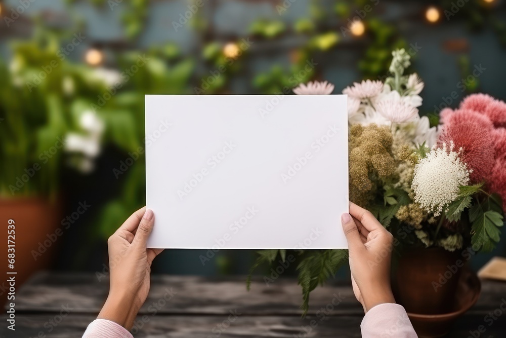 Woman hand hold white paper with flower background. Woman hand hold white paper with flower background.