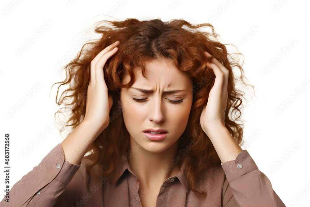 Stressed woman with fiery red hair holding her head in agony due to severe headache or migraine Generative AI Stressed woman with fiery red hair holding her head in agony due to severe headache or migraine Generative AI