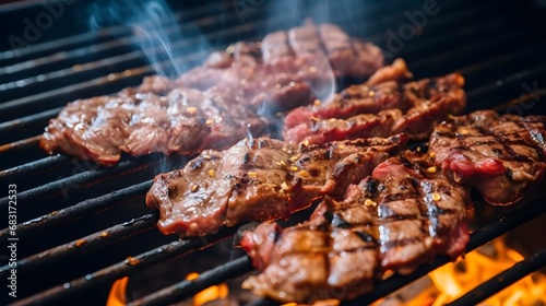 Juicy steaks sizzling on a flaming grill, perfect for summer barbecues and outdoor dining. Generative AI