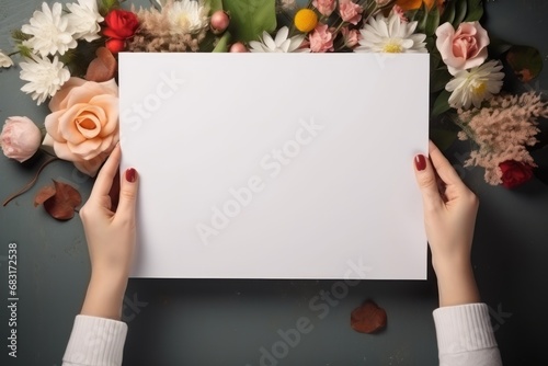 Woman hand hold white paper with flower background. photo
