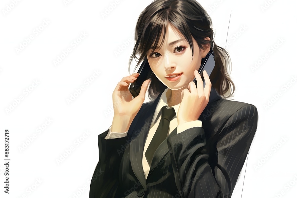 Professional woman in business attire having an important conversation on her mobile phone in a modern office setting. Generative AI Professional woman in business attire having an important conversation on her mobile phone in a modern office setting. Generative AI