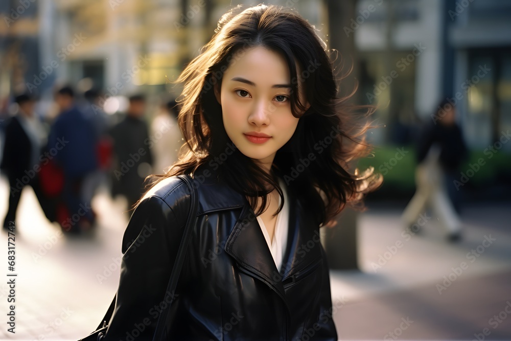 Stylish Woman in Black Jacket Standing on Sidewalk in Urban Setting Generative AI