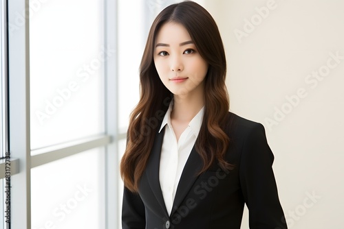 Confident businesswoman in black suit standing by the window with city view in the background. Generative AI