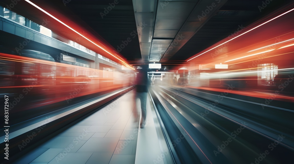 Rushing through the Commuter Chaos Blurred Figure on a Busy Train Platform Generative AI