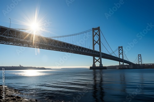 Golden Hour Glow Scenic View of a Bridge over a Serene Body of Water with Sunlight Reflections Generative AI