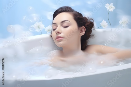 Relaxing in a Serene Oasis Woman Enjoying a Soothing Bath with Fresh Flowers and Bubbles in a Luxurious Tub Generative AI
