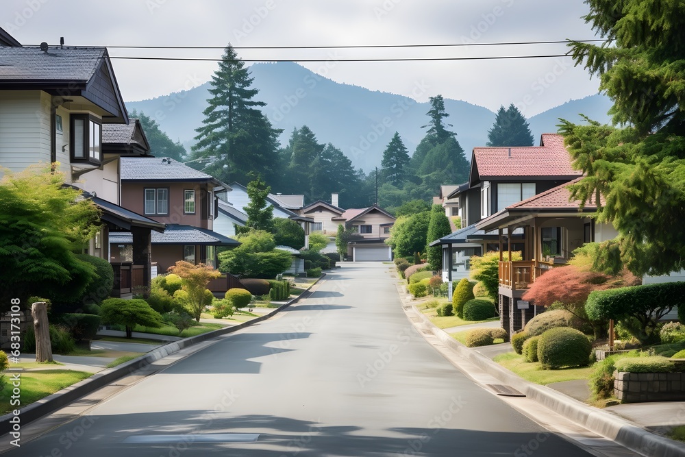 Charming Residential Street Lined with Lush Trees and Beautiful Homes in a Serene Neighborhood Generative AI