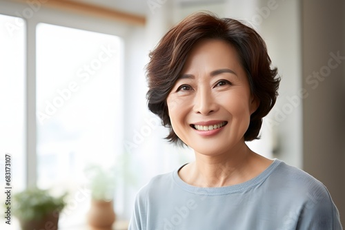 Happy young woman with short hair wearing a blue shirt standing in front of a window with natural light Generative AI