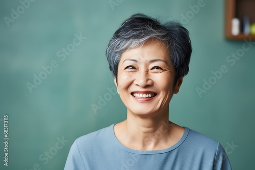 Joyful Asian Senior Woman with Gray Hair and Blue Shirt Poses in Front of Vibrant Green Wall for Portrait Generative AI