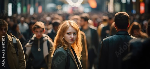 Confident Woman Standing Out in a Busy City Street Surrounded by a Crowd of People Generative AI