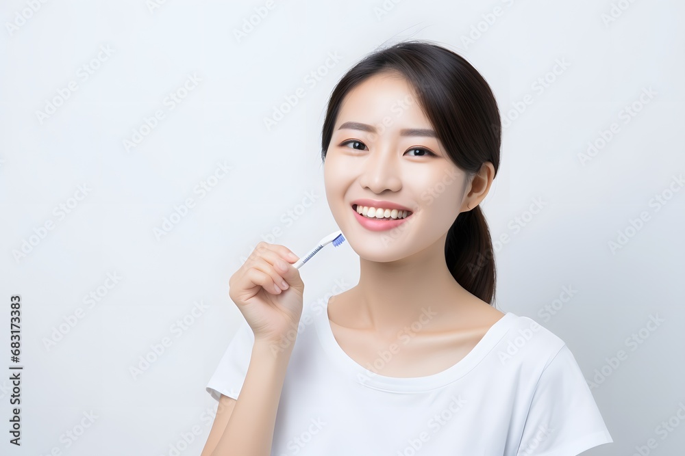 Happy Asian Woman Enjoying Her Morning Routine of Brushing Teeth with a Toothbrush in the Bathroom Generative AI Happy Asian Woman Enjoying Her Morning Routine of Brushing Teeth with a Toothbrush in the Bathroom Generative AI