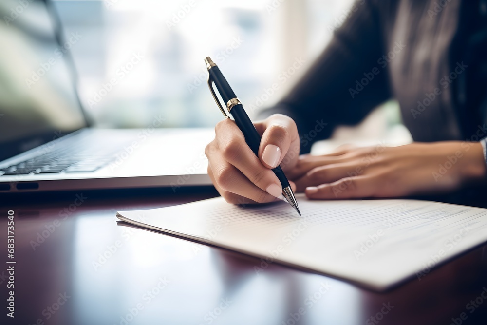 Focused Writer Jotting Down Ideas on Notebook with Pen in Hand for Creative Inspiration and Productivity Generative AI Focused Writer Jotting Down Ideas on Notebook with Pen in Hand for Creative Inspiration and Productivity Generative AI